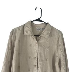 Kathie Lee Vintage 90s Women Size XL‎ Oat Linen Blend Embroidered Button Blouse